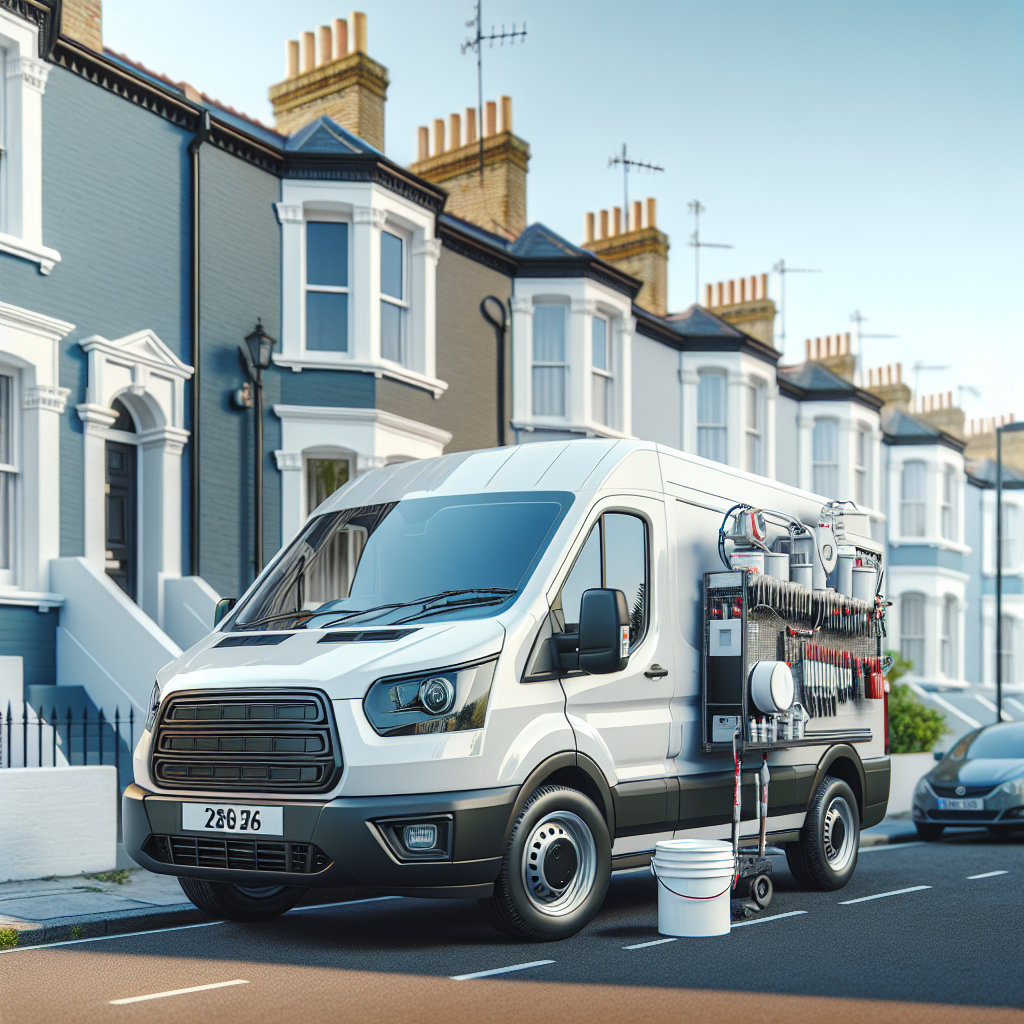 Professional painter and decorator van outside a UK terraced house