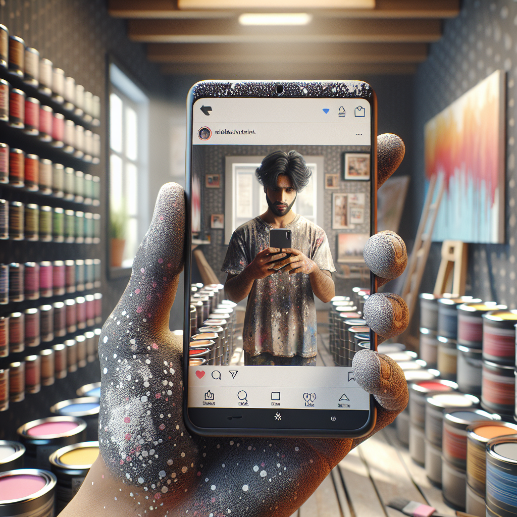 Painter checking social media portfolio on smartphone