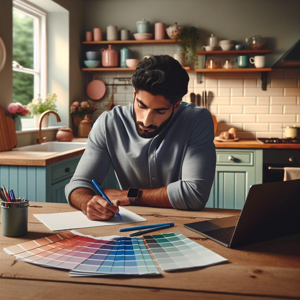 Decorator writing a quote at a kitchen table with colour swatches