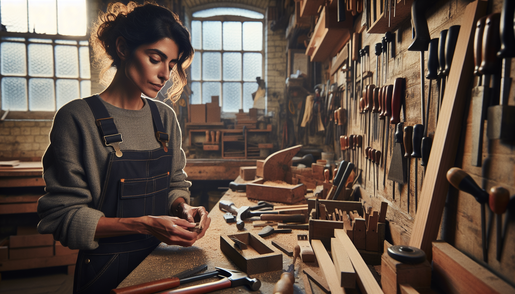 A UK tradesperson in a workshop, surrounded by tools, pondering their pension options.