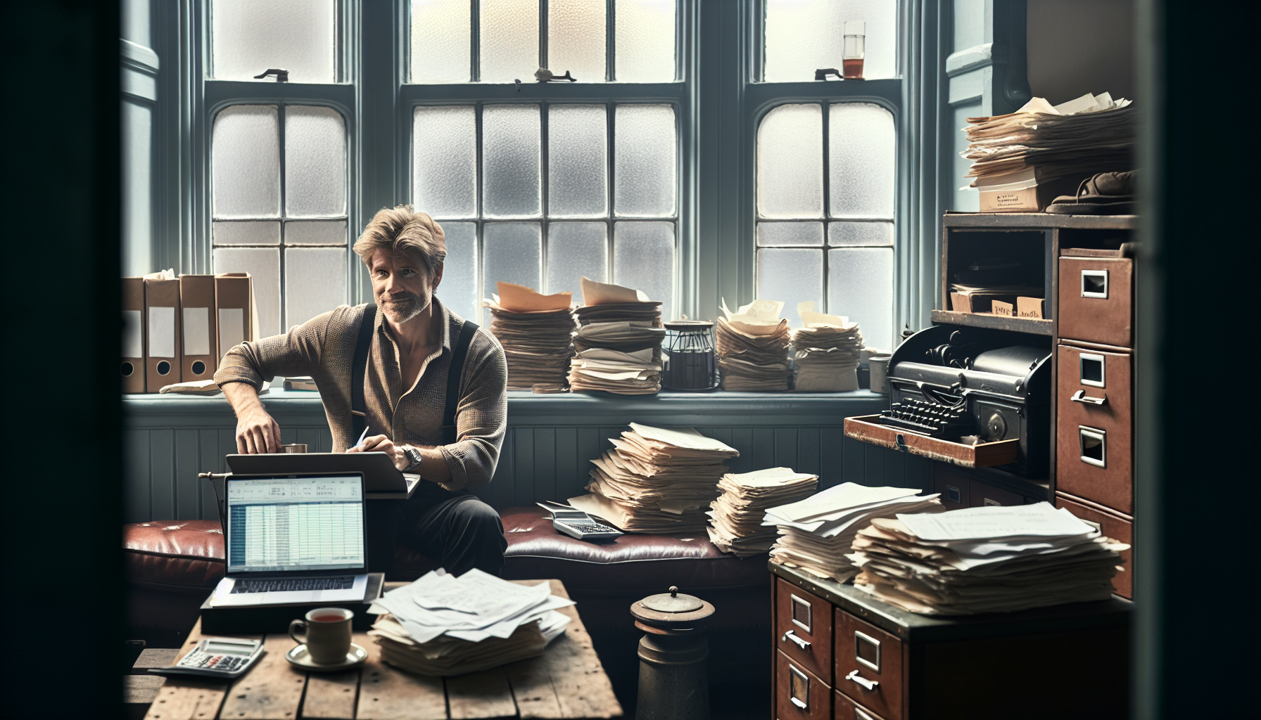 A UK tradesperson organising financial records in a home office with a laptop and paperwork.
