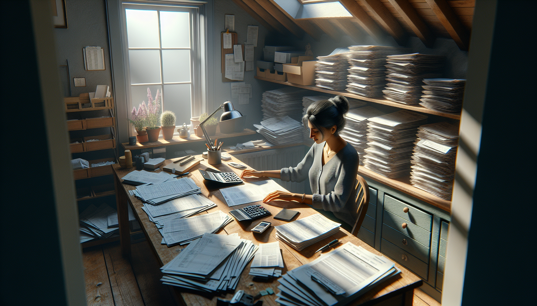 A tradesperson organising receipts and invoices in a home office, highlighting the importance of good expense record-keeping.